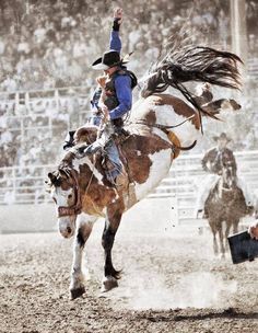 a man riding on the back of a brown and white horse next to a crowd