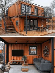 two pictures side by side of a house made out of shipping containers