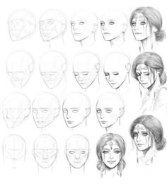 a bunch of sketches of different faces and head shapes, all in various positions to be drawn