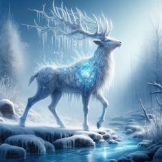 an animal with ice on its back standing next to a stream in the snow and surrounded by icicles