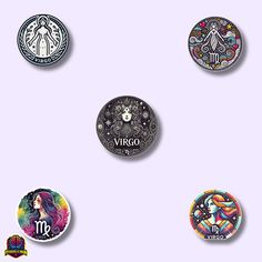 six different zodiac signs are depicted in this set of pins on a purple background, including the virgo logo