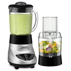 two blenders sitting next to each other on a white surface, one with green liquid in it