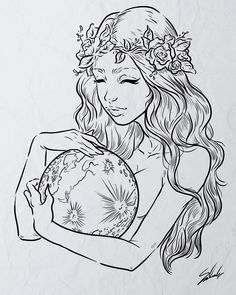 a drawing of a woman holding a globe with flowers on her head and arms around her neck