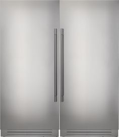 two stainless steel refrigerators side by side, one with double doors and the other without