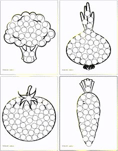 four pictures of vegetables with dots on them