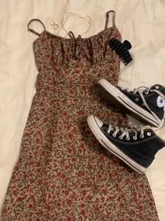 Thrifted Dress Aesthetic, 90s Coquette Outfits, Summer Outfits Converse, Lana Del Ray Outfits Inspiration, Downtown Girl Dress, Coquette Dress Aesthetic, Realization Par Dress, Lana Del Ray Aesthetic Outfits, Converse Summer Outfit