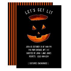 an orange and black halloween party card