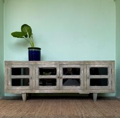 a potted plant sitting on top of a wooden cabinet next to a blue wall