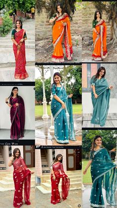 many different types of sarees are shown in this collage, including red and blue