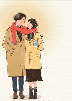 a man and woman standing next to each other under a snow covered sky with their arms around each other