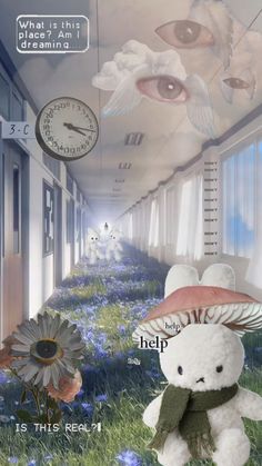 a white teddy bear sitting in the middle of a hallway next to flowers and clocks