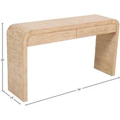 a wooden table with measurements for the top and bottom section, including one drawer on each side