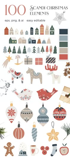 an image of christmas ornaments and decorations on a white background with the words, 100 sandi christmas elements