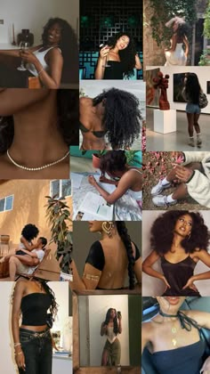 the collage shows many different images of women in various outfits and hair styles, with one woman holding a cell phone