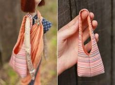 two pictures one with a doll and the other with an orange scarf hanging from it's back