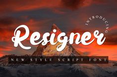 the word resigner is displayed in front of a mountain with clouds and snow