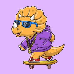 a cartoon dinosaur riding a skateboard with sunglasses on it's head and wearing a purple shirt