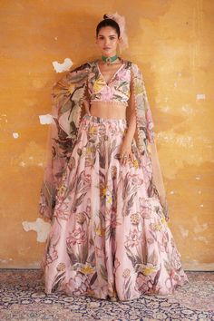 Varun Bahl | Light Pink Corsage Lehenga Gilet Set | INDIASPOPUP.COM Yellow Lehenga, Printed Dupatta, Hand Embroidered Flowers