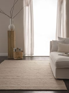 a living room with a white couch and beige rug on the floor next to a window