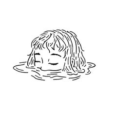 a black and white drawing of a girl floating in the water with her eyes closed