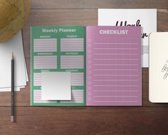 a desk with a planner, pen and paper on it