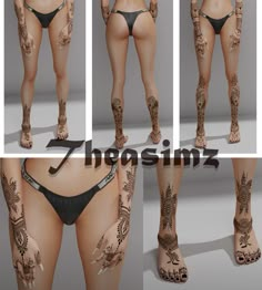 four different images of the same woman's body and legs with tattoos on them