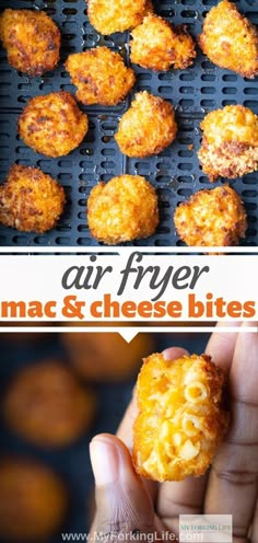 air fryer macaroni and cheese bites are being held up in the air