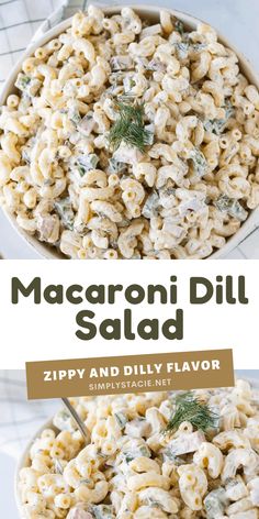 macaroni salad in a white bowl with the title above it