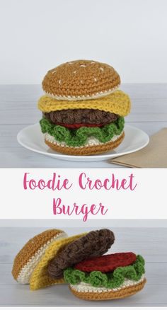 a crocheted hamburger on a plate with the words, foodie crochet burger