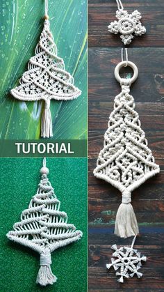 crochet christmas tree ornament with tassels on top and bottom