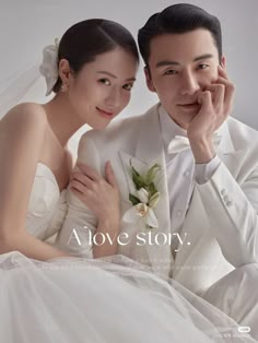 a man and woman in wedding attire posing for a magazine cover photo with the caption love story