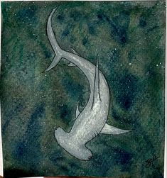 a painting of two white sharks swimming in the ocean with stars above them and water below