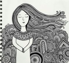 a black and white drawing of a woman with long hair