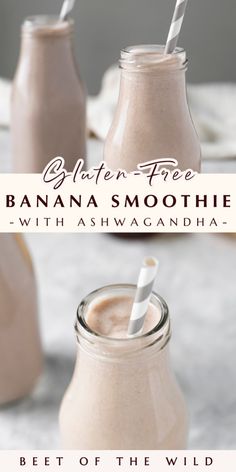 banana smoothie in a mason jar with two straws on top and the text gluten free banana smoothie with ashwaganha