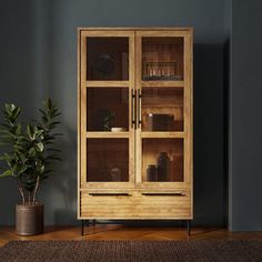 a wooden cabinet sitting on top of a hard wood floor next to a potted plant