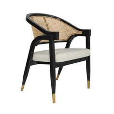 a black and white chair with wicker back, armrests and seat cushion