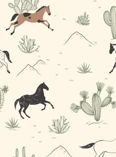 Whimsical horses galloping through a desert landscape filled with cacti and mountains. This Howdy Horses wallpaper will add a playful Horsey Wallpapers, Cute Horse Wallpapers, Western Backgrounds, Horses Wallpaper, Southwest Nursery, Western Wallpaper, Dog Brand, Wall Stickers Animals, Map Pattern