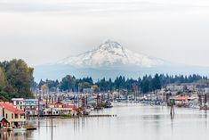 a lake with houses and boats in front of a snow capped mountain on the horizon