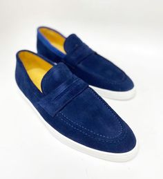 Style: 529-32S-Blue Supple Suede slip-on Penny Slot Loafer from our Maurice collection, features full Calfskin lining and an Athletic Inspired Rubber Sole! Blue Slip-on Leather Shoes With Suede Lining, Blue Suede Slip-on Leather Shoes, Blue Leather Sole Slip-on Moccasins, Blue Suede Loafers With Suede Lining, Classic Blue Slip-ons For Business, Classic Blue Suede Leather Shoes, Blue Suede Moccasins With Stitched Sole, Blue Slip-on Business Moccasins, Blue Slip-on Moccasins For Business