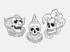 three skulls with clown hats on their heads, one in the middle and one in the back