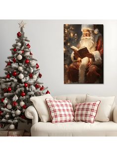 a living room with a christmas tree, couch and painting on the wall above it