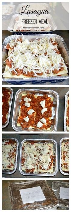 several different types of pizzas in pans on top of each other, with the words lasagna freeze meal written above them