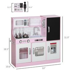 a pink and white kitchen playset with sink, stove, microwave and oven