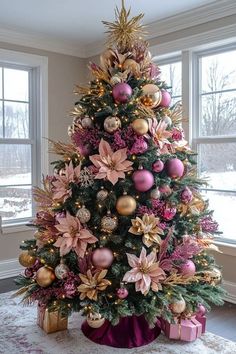 Pretty Christmas Trees Ideas, Rose Pink Christmas Decorations, Christmas Decoration Ideas 2024, Christmas Tree With Roses, Christmas Tree With Pink Decorations, Pink Christmas Tree Decorations Ideas, Christmas Pink Decorations, Pink Purple Christmas Tree, Christmas Tree Ideas Color Schemes