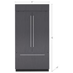 the side by side refrigerator is shown with measurements for it's doors and drawers