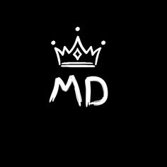 the word md is written in white on a black background with a crown above it