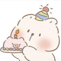 a cartoon bear holding a birthday cake with a candle on it's head and wearing a party hat