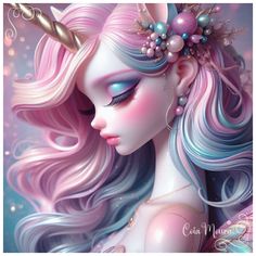 a painting of a unicorn with pink hair and blue eyes