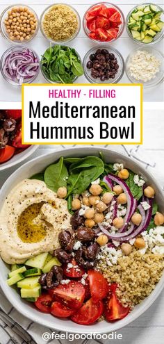 healthy and filling mediterranean hummus bowl with text overlay