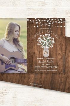 an image of a woman playing the guitar on her birthday party card with string lights